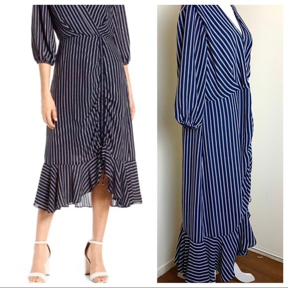NEW CHELSEA28 Pinstripe Ruched Long Sleeve DRESS - Picture 5 of 8